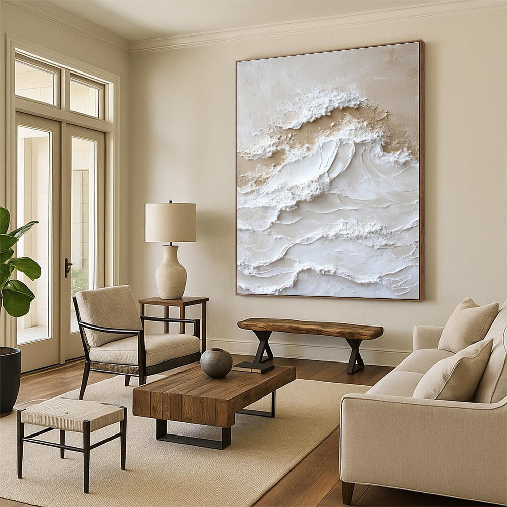 “Cream - White Textured Waves” - Cream, White Textured Abstract Painting On Canvas PS0444