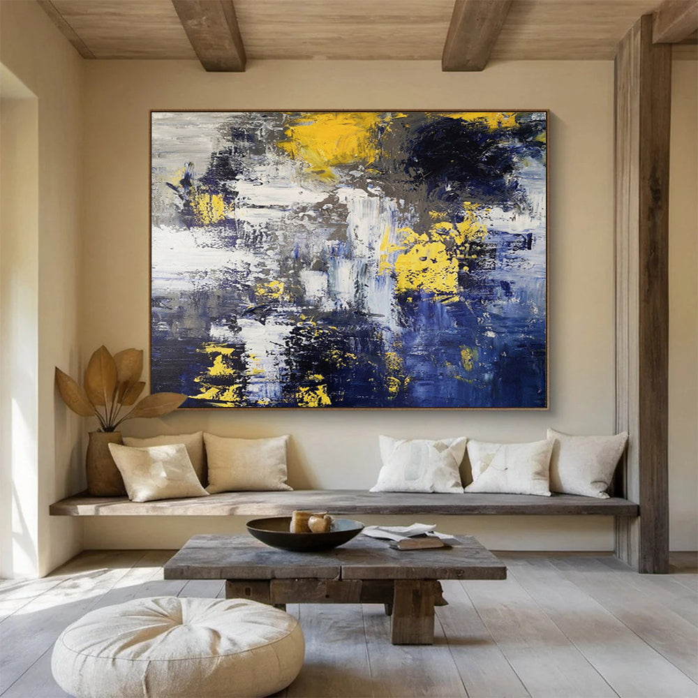 Yellow Splash: Blue, Yellow & Gray Abstract Expressionist Painting for Modern Living Room & Artistic Café DKS649