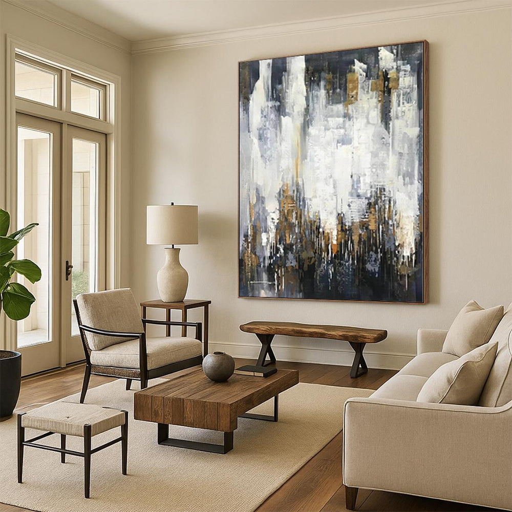 “Grey - Gold Abstract Urban Silhouettes” - Luxe Abstract Painting On Canvas PS0299
