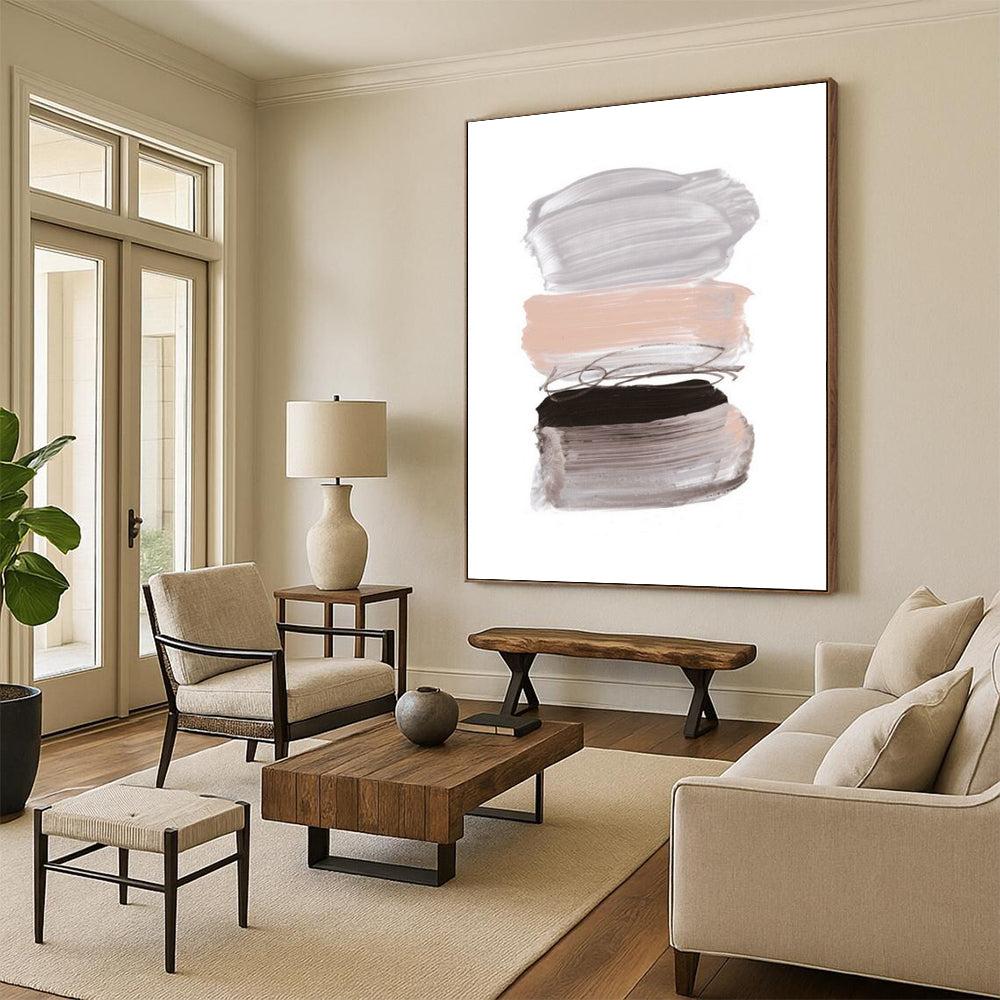 “Pastel Paint Strokes” - Soft Gray, Blush & Black Layers Painting On Canvas DS184