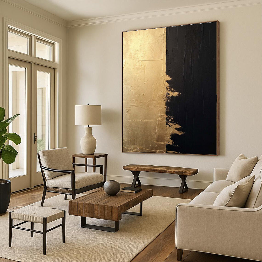 “Gold & Black Contrast” - Gold, Black Abstract Minimalist Painting On Canvas PS0690