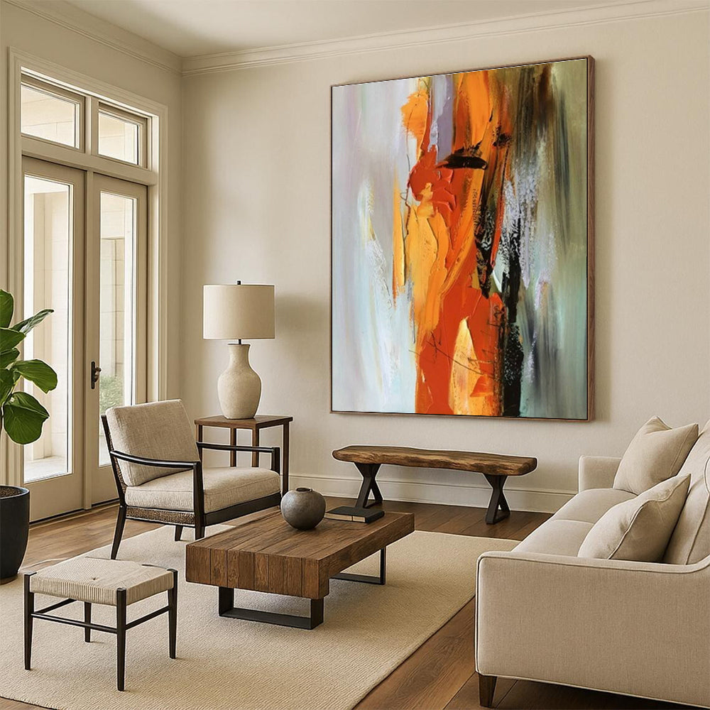 “Vibrant Orange Fusion” - Orange, Yellow, Gray Abstract Energetic Painting On Canvas PS0615