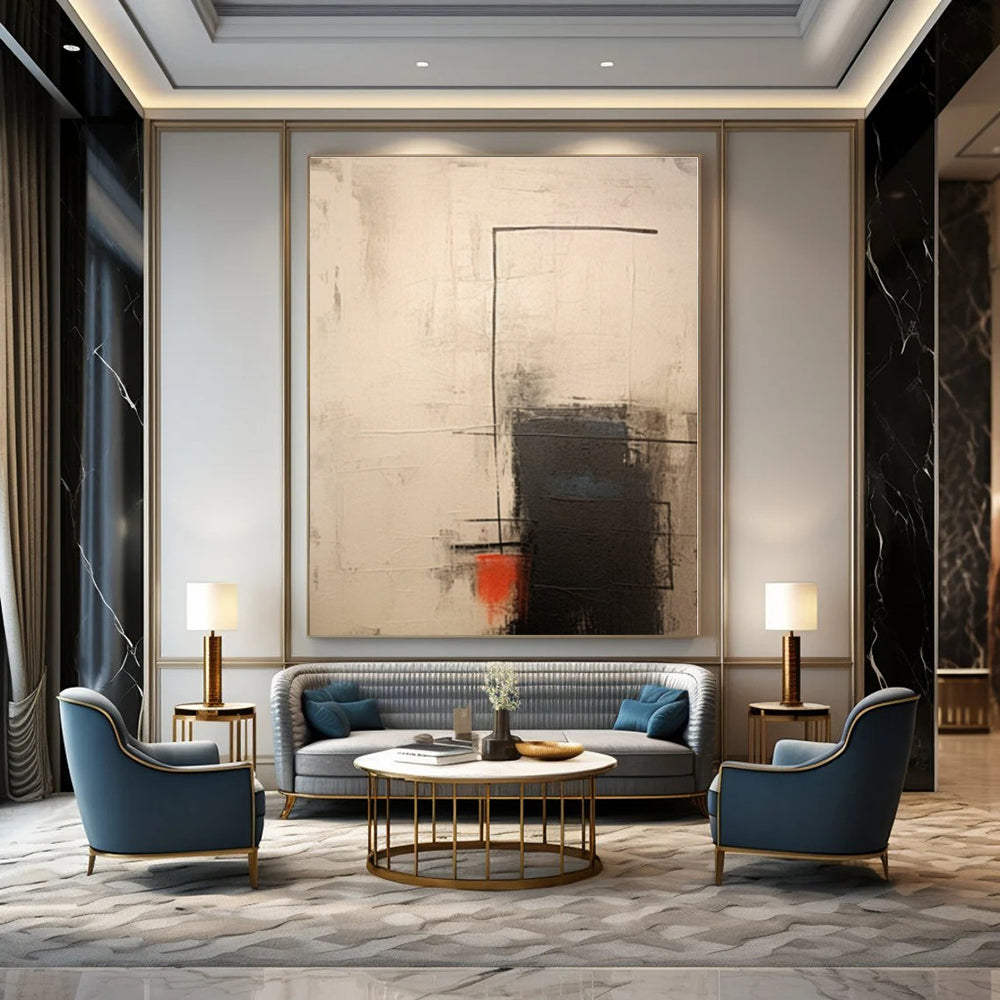 Beige, Black, Red with Geometric Abstraction "Geometric Sparks" Abstract Painting On Canvas PS1291