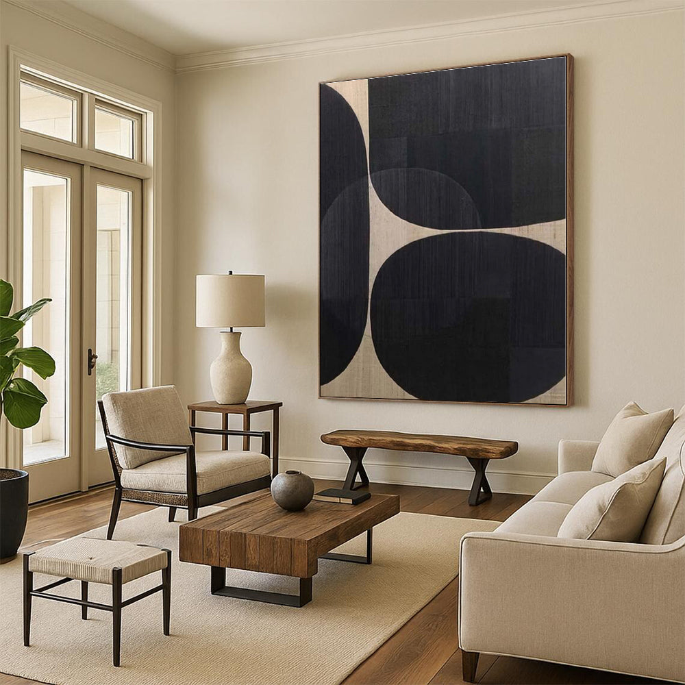 “Black - Beige Geometric Circles” - Black, Beige Abstract Geometric Painting On Canvas PS0581