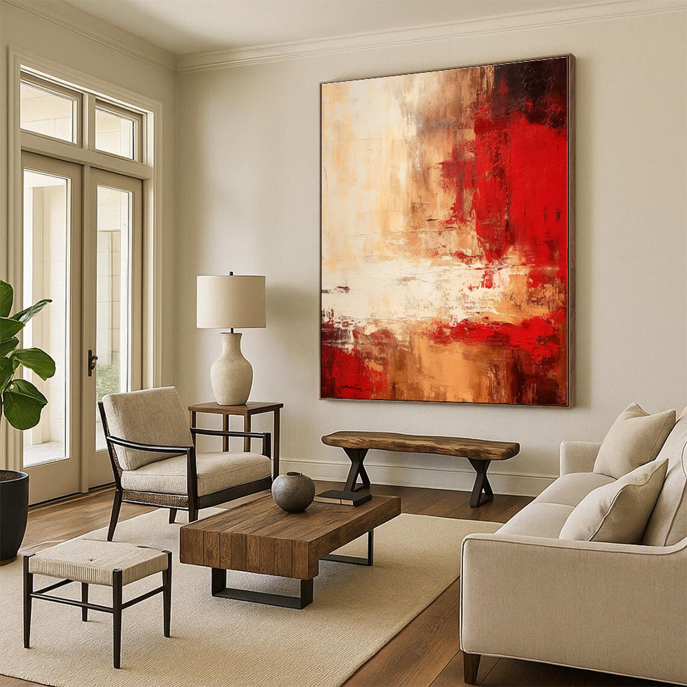 “Red - Beige Abstract Landscape” - Red, Beige Abstract Painting On Canvas PS0481