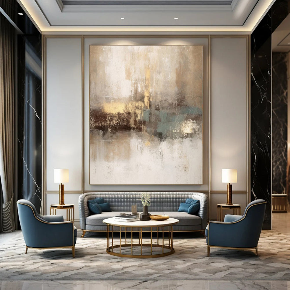 Beige, Gold, Teal, and White, "Ethereal Sands" – Abstract Painting On Canvas PS1019