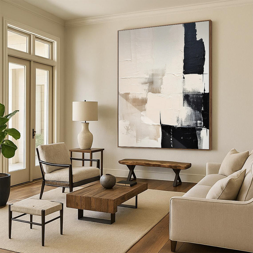 Black - White - Beige Geometric Textures Minimalist Abstract Painting On Canvas DS056