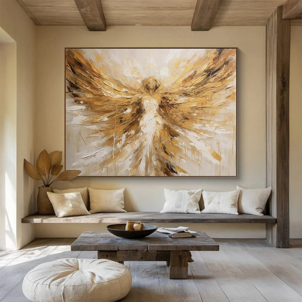 “Golden Angel with Outstretched Wings” - Impasto Figurative Painting On Canvas PT082