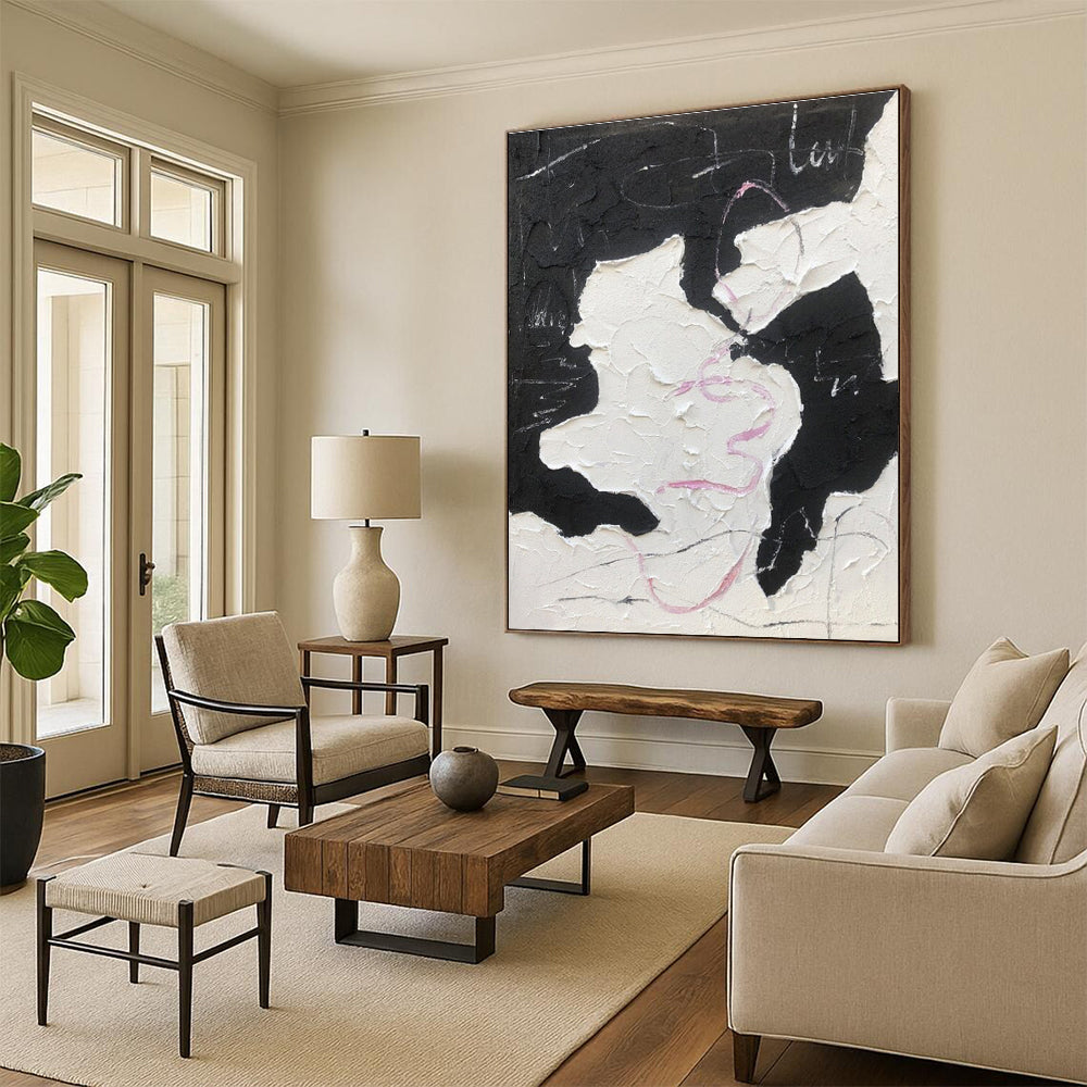 “Textured Black - White - Pink” - Black, White, Pink Textured Abstract Painting On Canvas PS0773