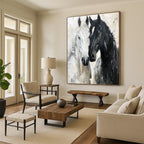 “Black - White Horses Impasto” - Impressionist - Inspired Animal Painting On Canvas PT1401