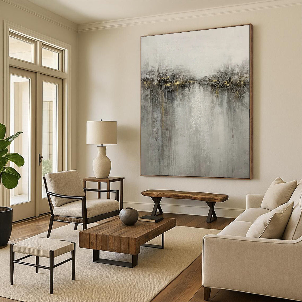 “Gray - Gold Abstract Landscape” - Textured Landscape Painting On Canvas PT1970