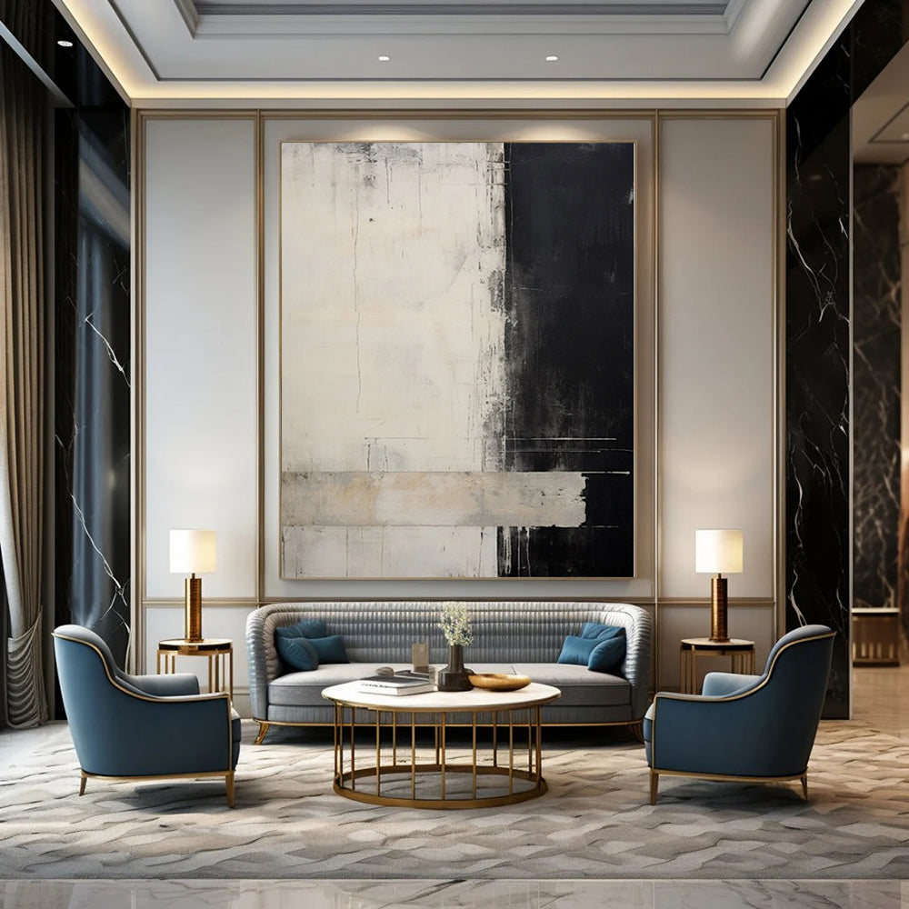 “Black - White Abstract Divide” - Monochromatic Abstract Painting On Canvas PS0220