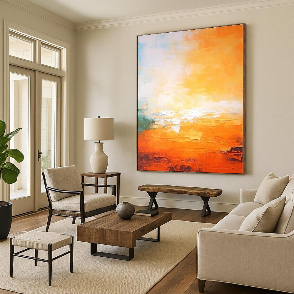“Orange - Blue Abstract Sunset” - Orange, Blue, Green Abstract Painting On Canvas PS0447