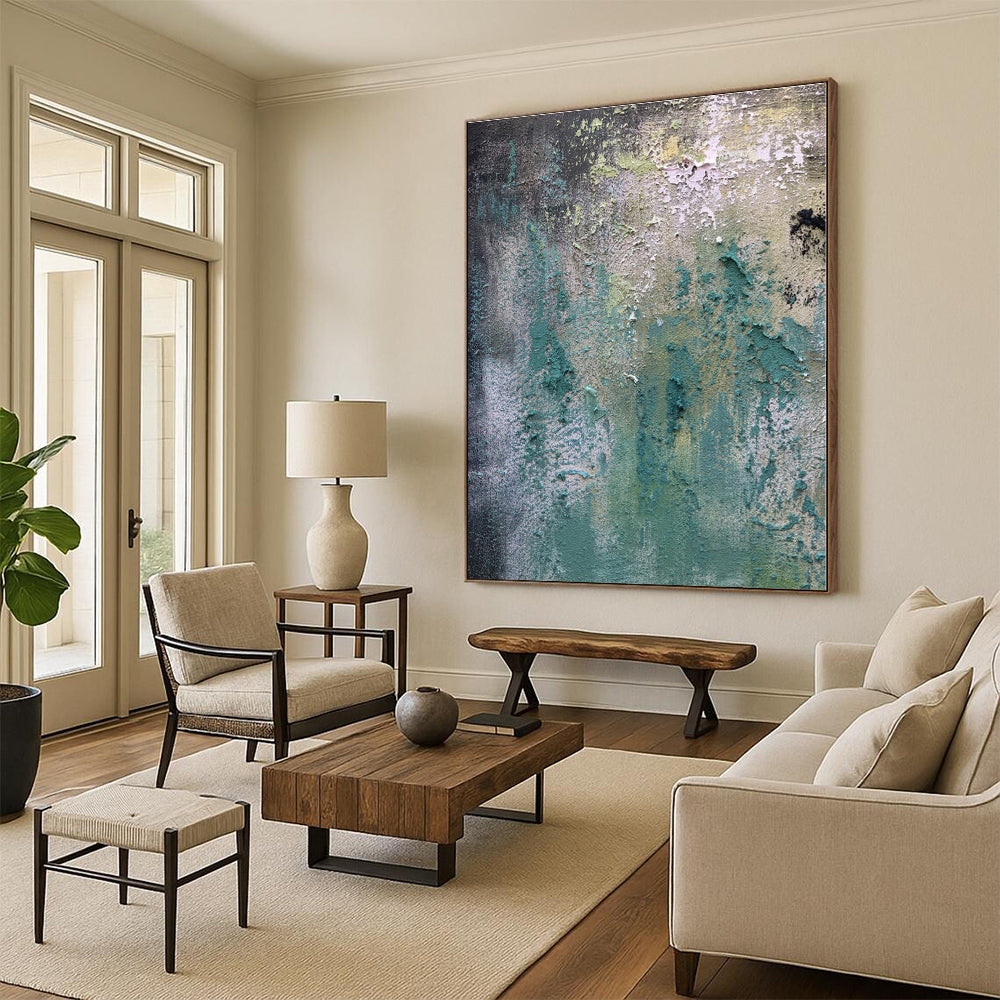 “Teal - Green Textured Wall - like” - Teal, Green, Gray Abstract Textured Painting On Canvas PS0578