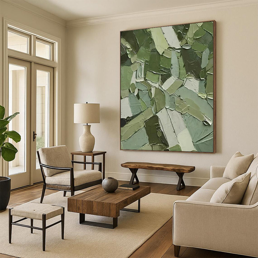 “Green Patchwork Abstract” - Cubist - Inspired Abstract Painting On Canvas PT2296