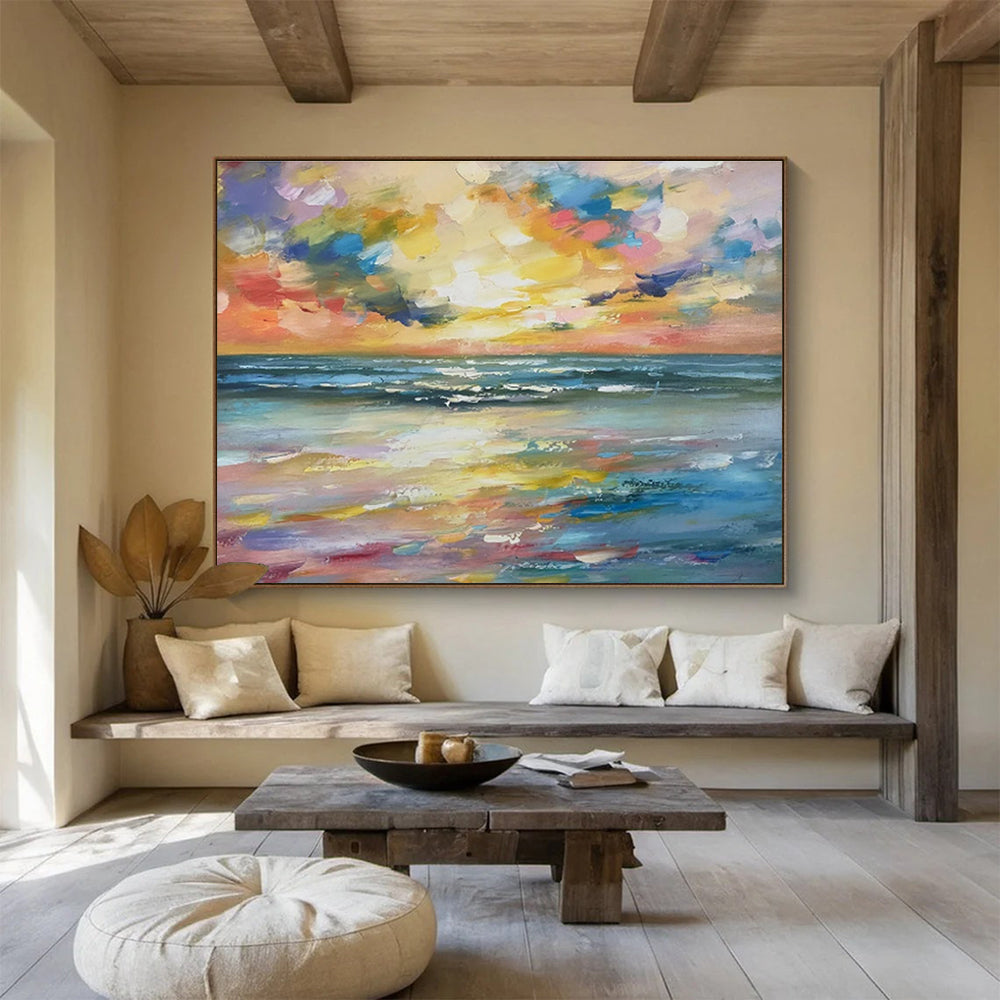 Rainbow - Hued Sunset Over Ocean Fauvist Seascape Painting On Canvas DKS117