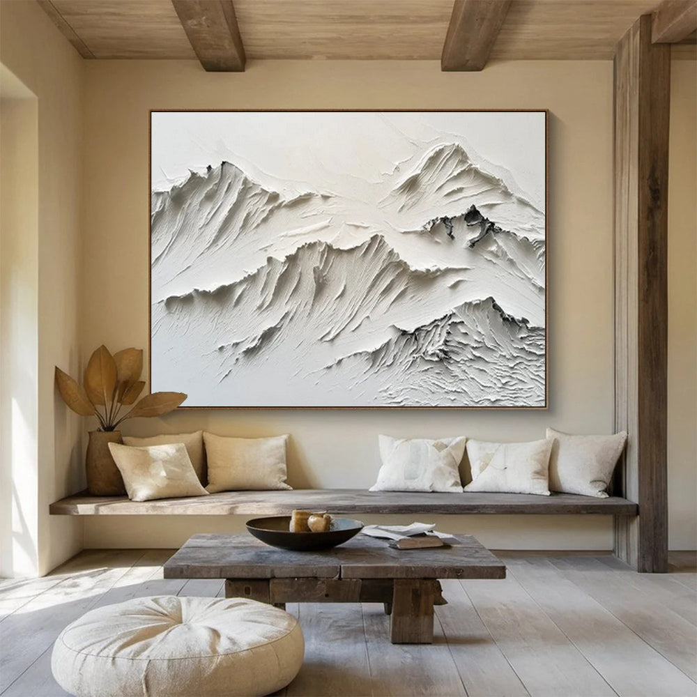 “White Textured Mountain Relief” - Sculptural Abstract Painting On Canvas DKS459