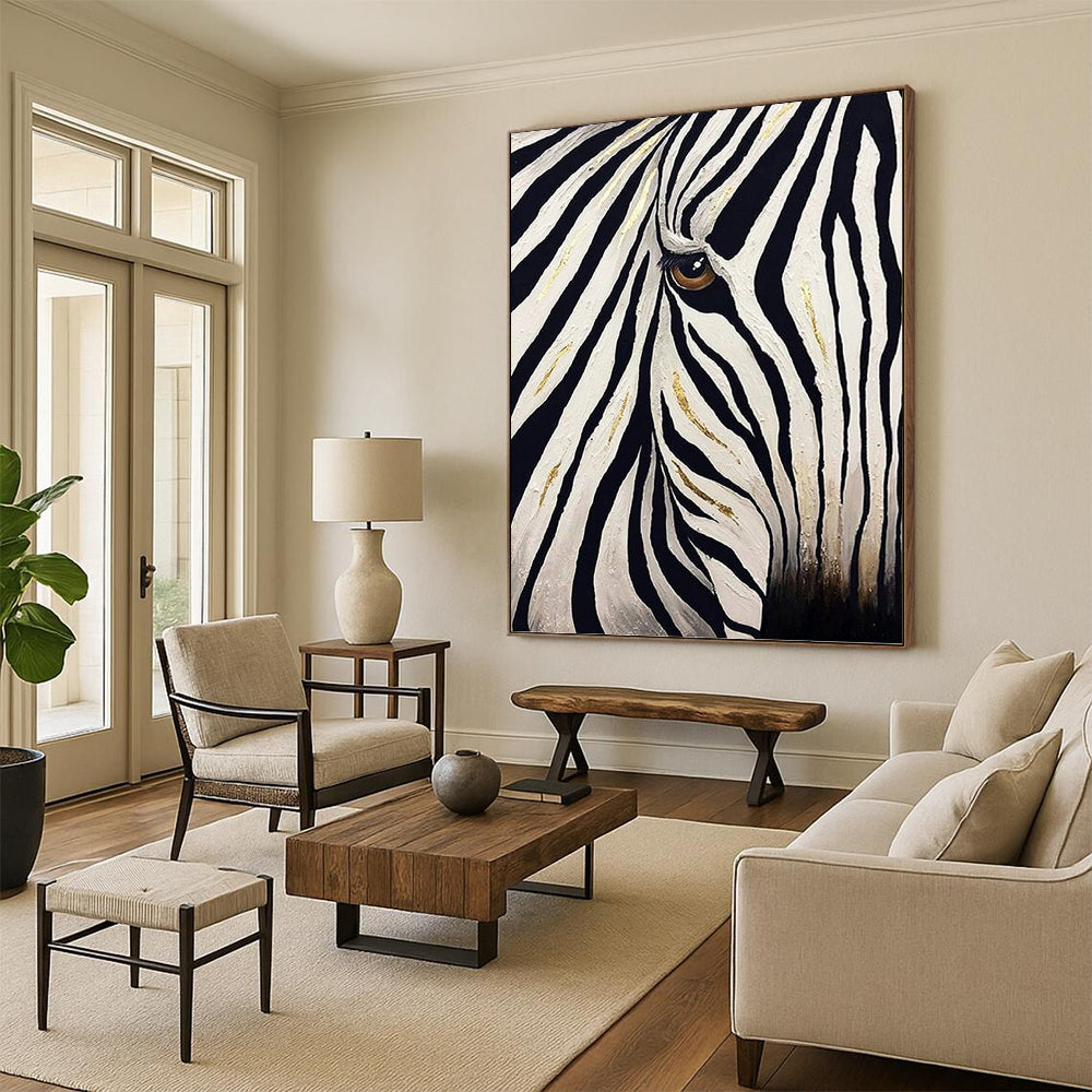 “Golden - Striped Zebra Gaze” Painting On Canvas PT1446
