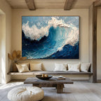 “Textured Ocean Wave” - Blue, White & Gray Seascape, Impasto Oil Painting On Canvas DKS766