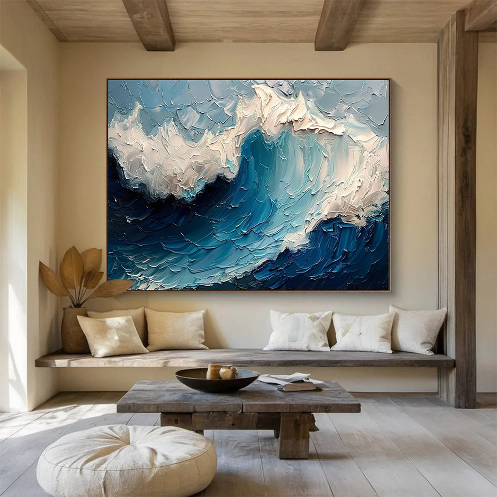 “Textured Ocean Wave” - Blue, White & Gray Seascape, Impasto Oil Painting On Canvas DKS766