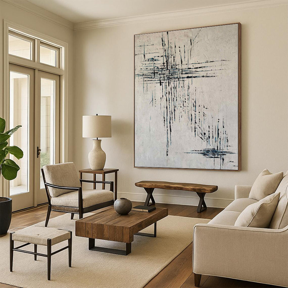 “Black - Blue Abstract Lines” - Black, Blue Abstract Painting On Canvas PS0454