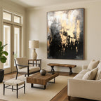 “Moody Black - Gold Abstract with Dripping Paint” - Dramatic Abstract Painting On Canvas PS0283