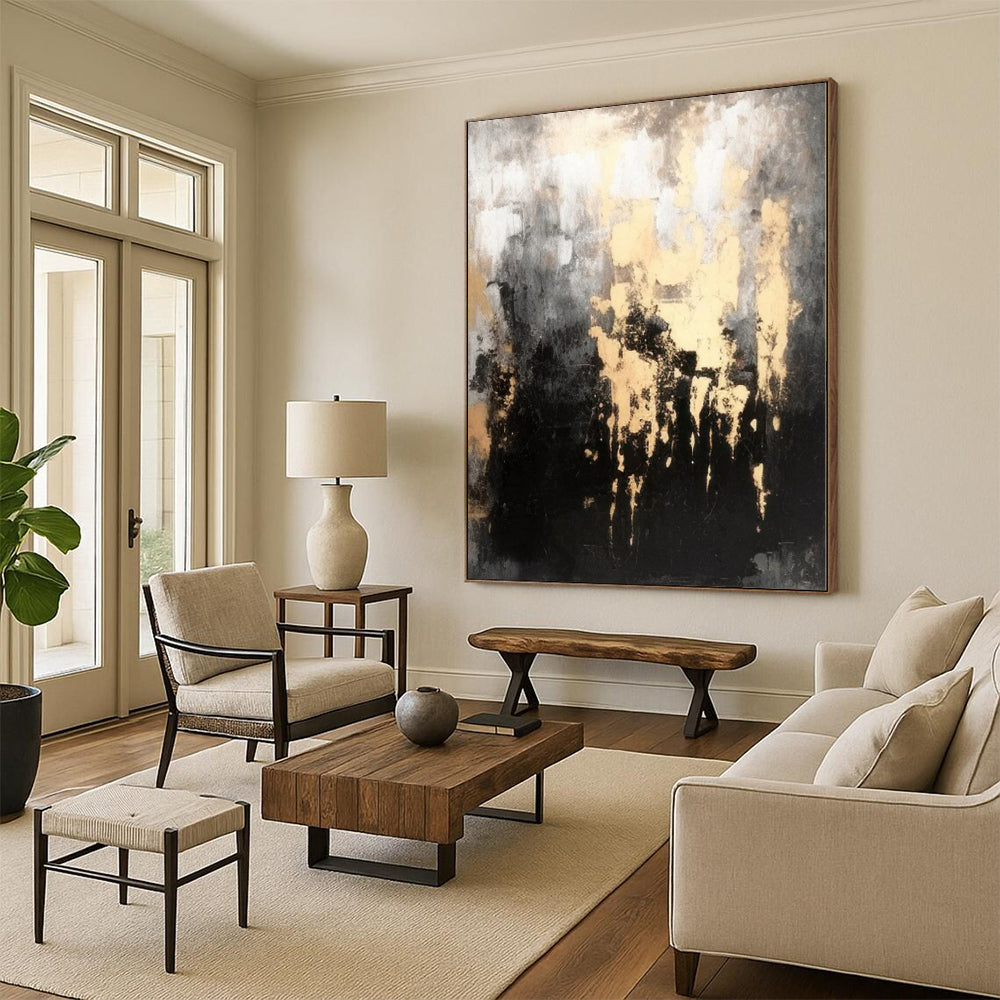 “Moody Black - Gold Abstract with Dripping Paint” - Dramatic Abstract Painting On Canvas PS0283