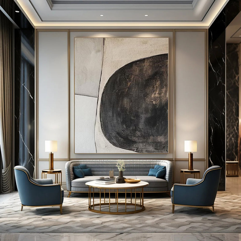 Beige and Black Circular Shapes "Organic Minimalism" Abstract Painting On Canvas PS1081