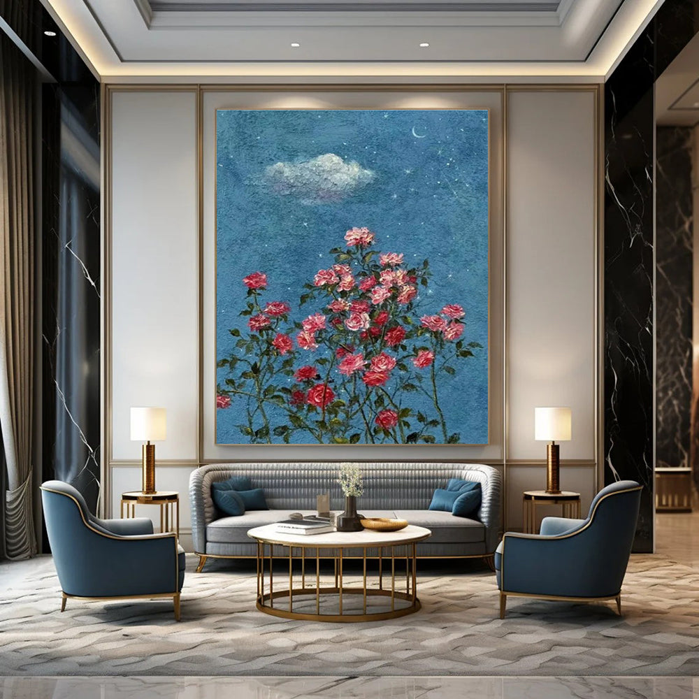 Blue, Pink, Green with Roses and Sky Elements "Starry Blossoms" Abstract Painting On Canvas PS1454