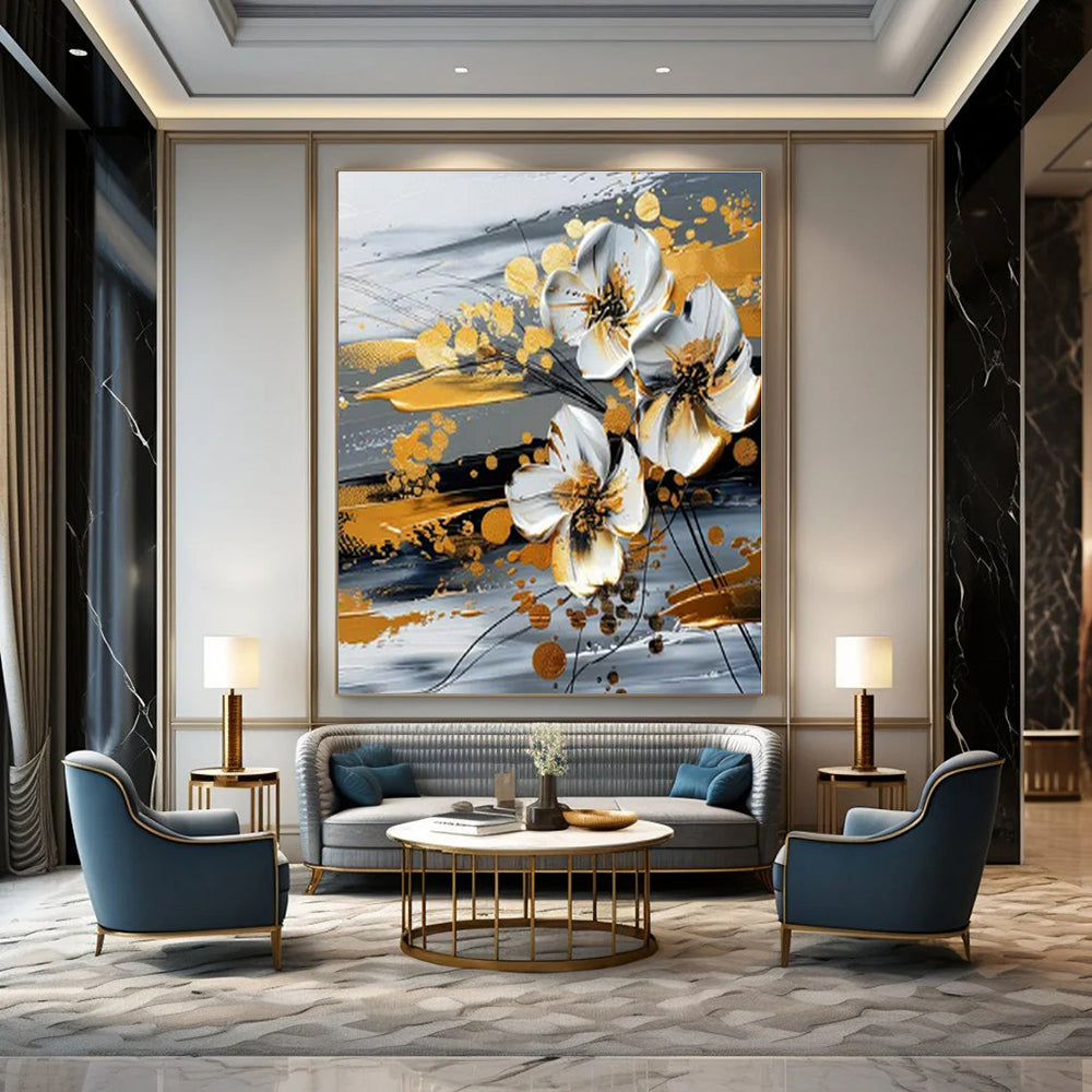 White, Gold, Gray with Textured Flowers "Gilded Blossom" Floral Painting On Canvas PS1254