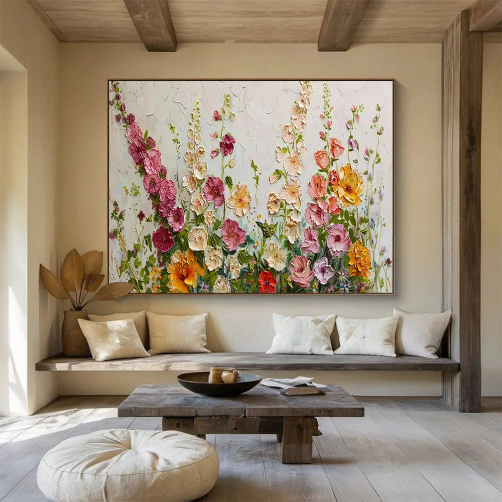 “Pastel Wildflower Meadow” - Soft Pink, Yellow & Green Floral, Impasto Flower Field Painting On Canvas DKS683