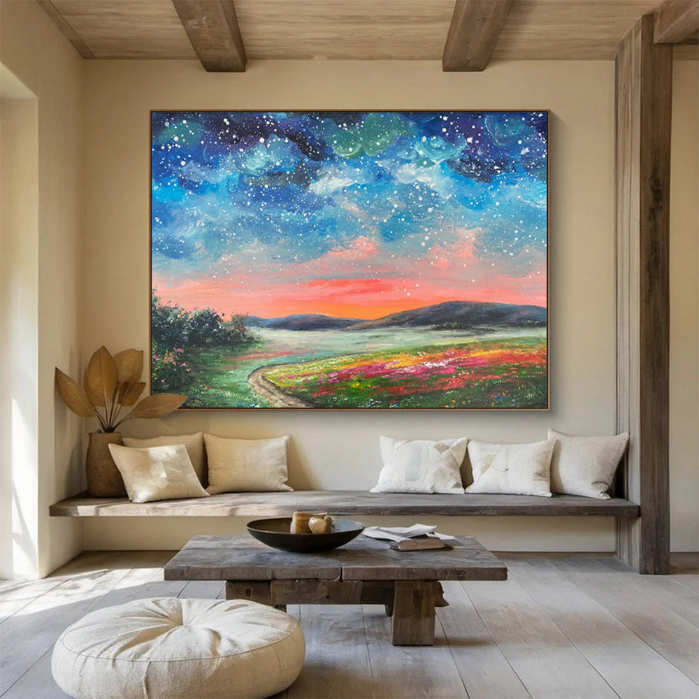 Starry Sunset Over Flower Field Landscape Painting On Canvas DKS122