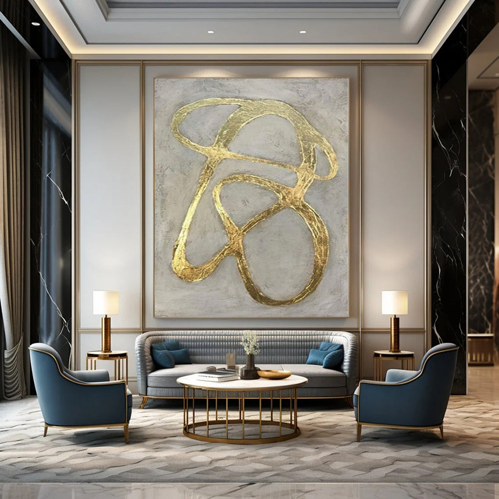 Gray with Gold Curved Lines "Elegant Twist" Luxe Abstract Painting On Canvas PS1097