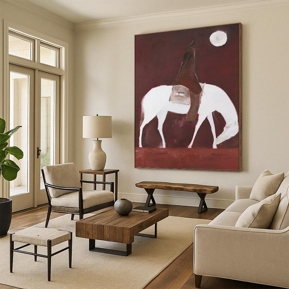 “Rider on White Horse in Red” - Minimalist - Inspired Figurative Painting On Canvas PT1425