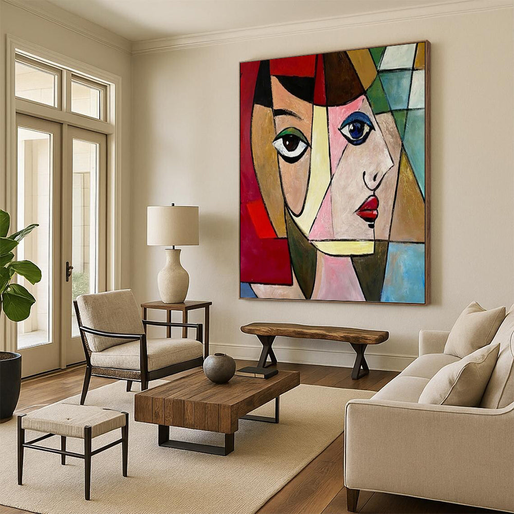“Cubist Woman in Color Blocks” - Cubist - Inspired Portrait Painting On Canvas PT1407