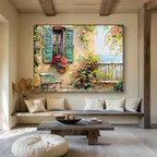 “Mediterranean Window Charm” - Green, Yellow & Red Architectural, Textured Landscape Oil Painting On Canvas DKS692