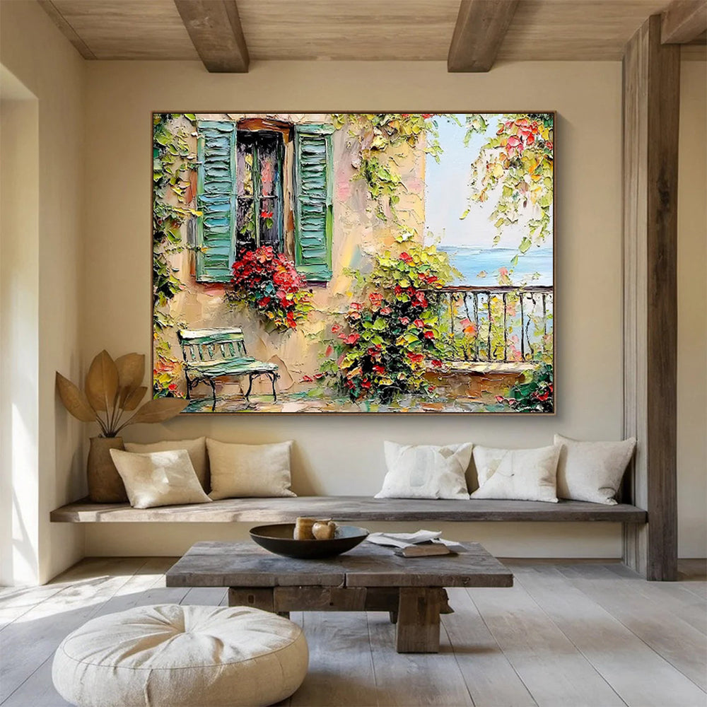 “Mediterranean Window Charm” - Green, Yellow & Red Architectural, Textured Landscape Oil Painting On Canvas DKS692