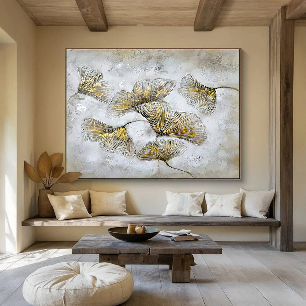“Gilded Ginkgo Leaves” - Gray, Gold & White Floral, Mixed - Media Painting On Canvas DKS790