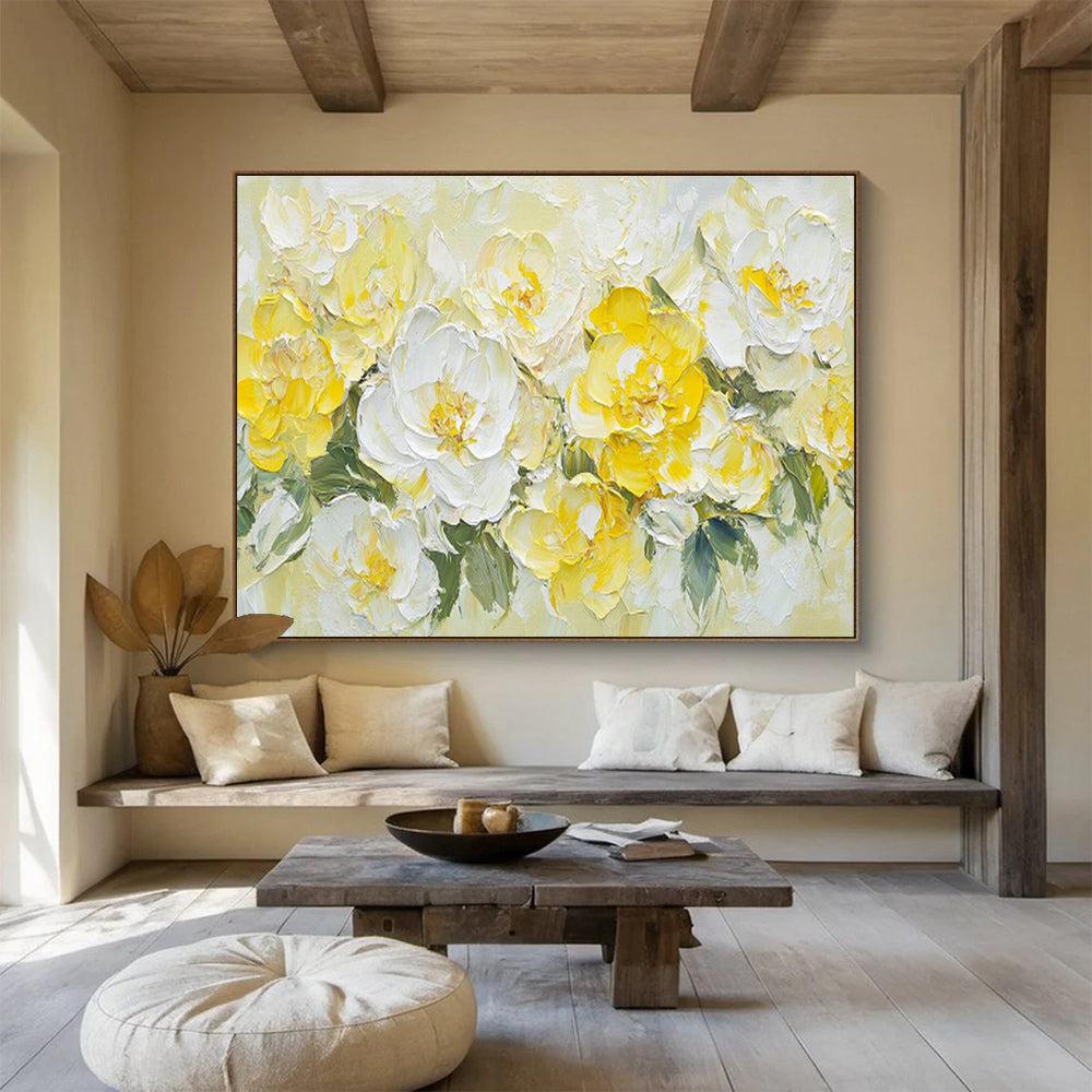 “Sunny Yellow & White Blooms” - Bright Floral, Impasto Flower Bouquet Painting On Canvas DKS696