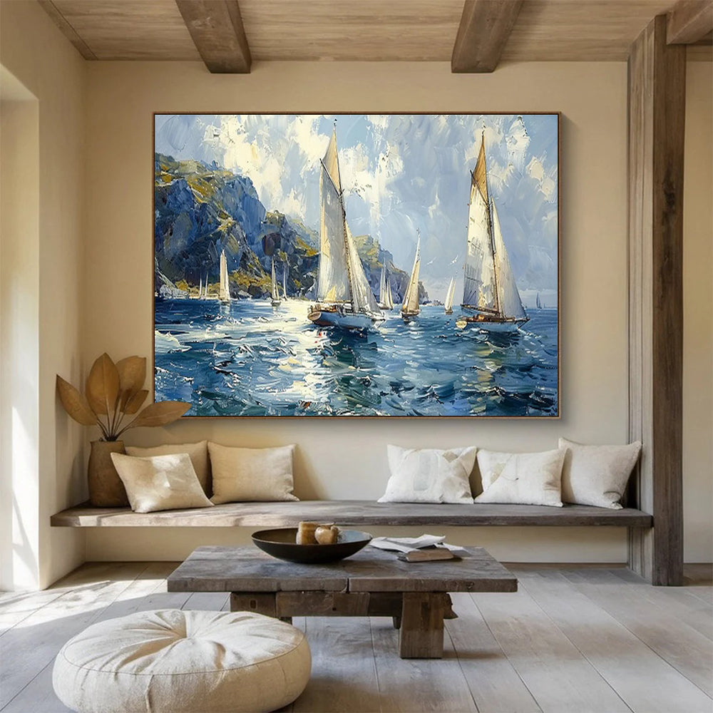 Sailing the Blue - Seaside Sailing Oil Painting, Ideal for Porch & Nautical - themed Room DKS669