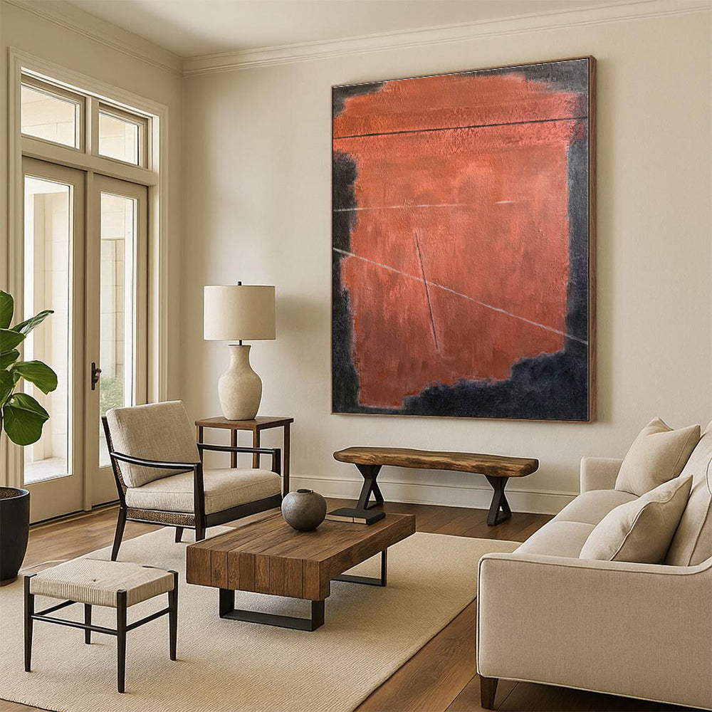 “Rust - Black Minimalist Geometry” - Rust, Black Abstract Painting On Canvas PS0457