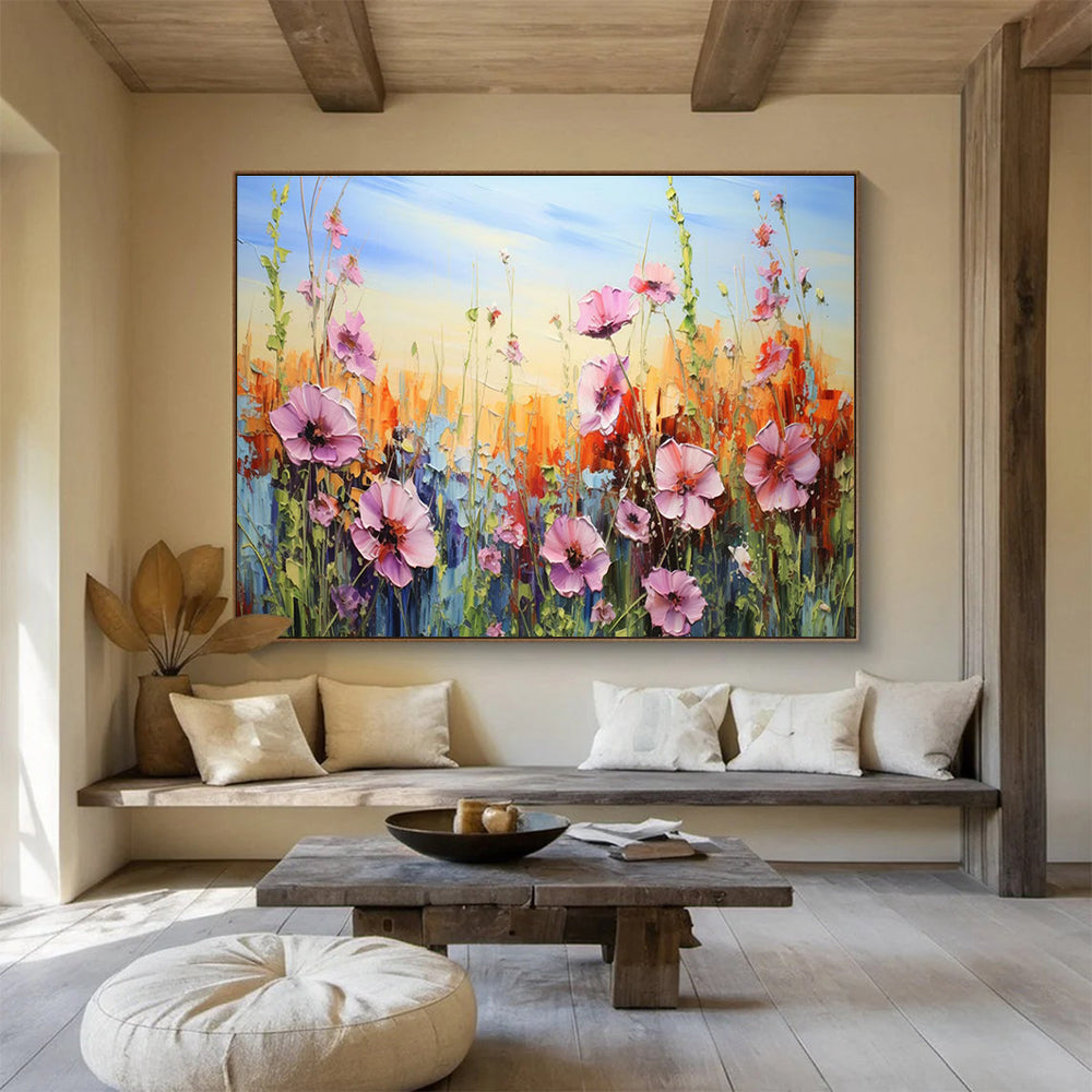 “Pink Wildflowers in Bloom” - Impasto Oil Painting on Canvas DKS903