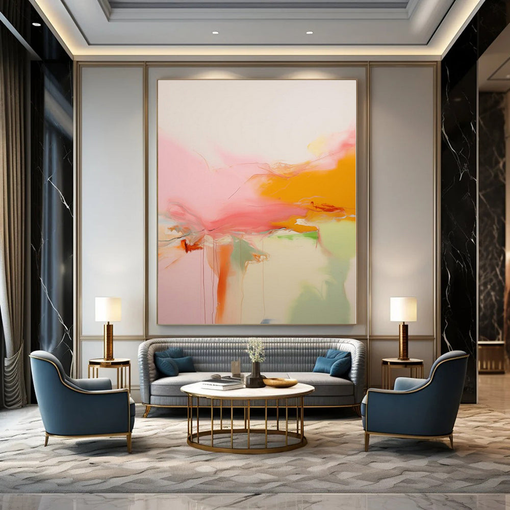 Pink, Orange, Green and White with Flowing Forms "Blush Breeze" Abstract Painting On Canvas PS1176
