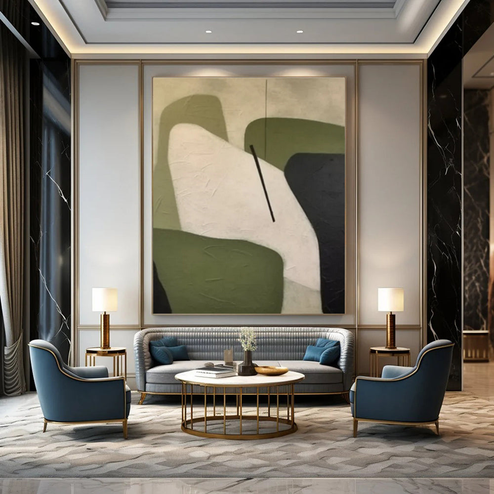 Green, White, Black with Geometric Shapes "Balanced Form" Abstract Painting On Canvas PS1470