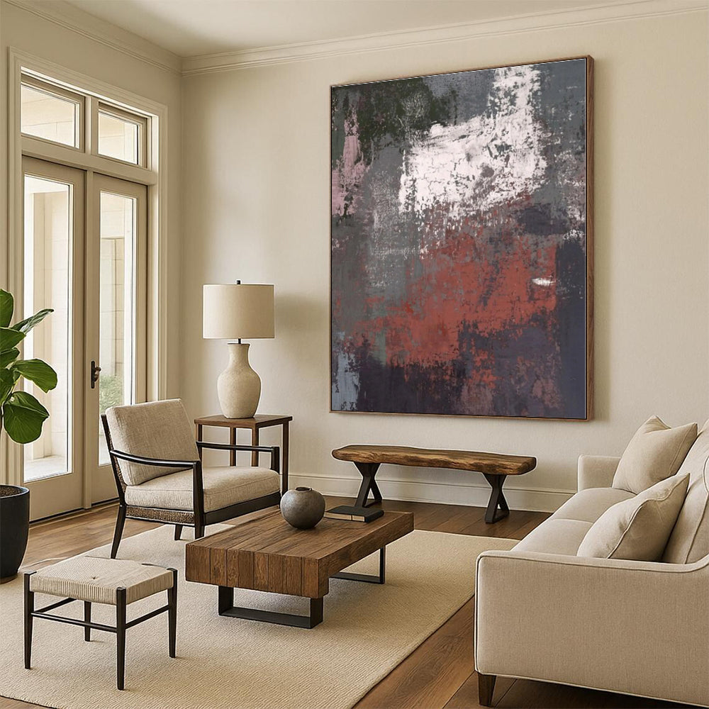 “Gray & Red Textured Abstract” - Textured Abstract Painting On Canvas PS0419