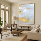 “Gold - Accented Coastal” - Light Gray & Shimmering Gold Seascapes Painting On Canvas DS160
