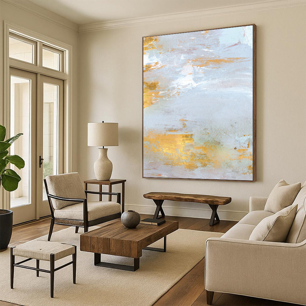 “Gold - Accented Coastal” - Light Gray & Shimmering Gold Seascapes Painting On Canvas DS160