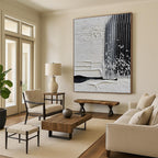 “Tactile White - Black Abstract with Raised Lines” - Textured Abstract Painting On Canvas PS0280