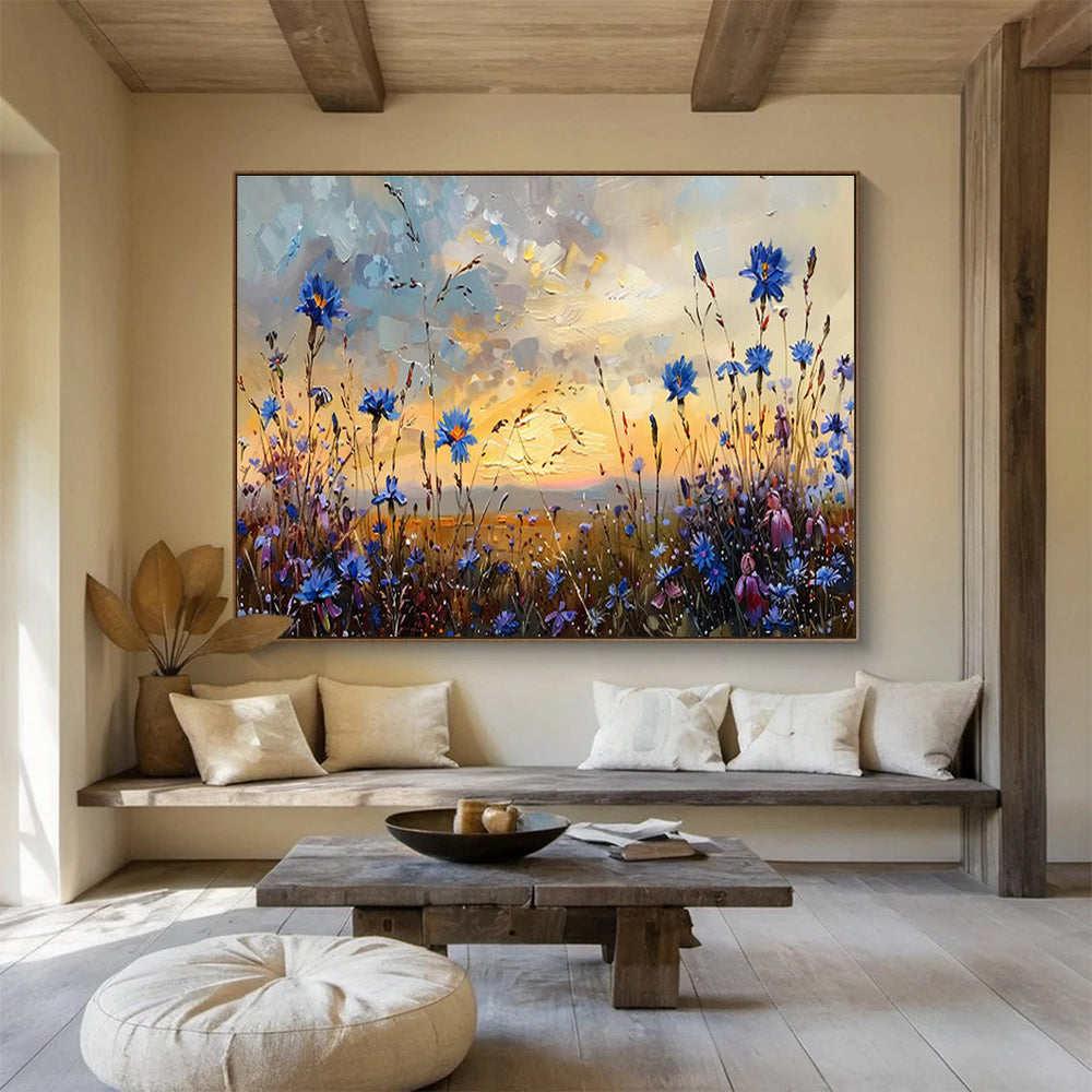 “Blue Wildflower Sunset” - Orange, Blue & Purple Floral, Impressionistic Field Painting On Canvas DKS698