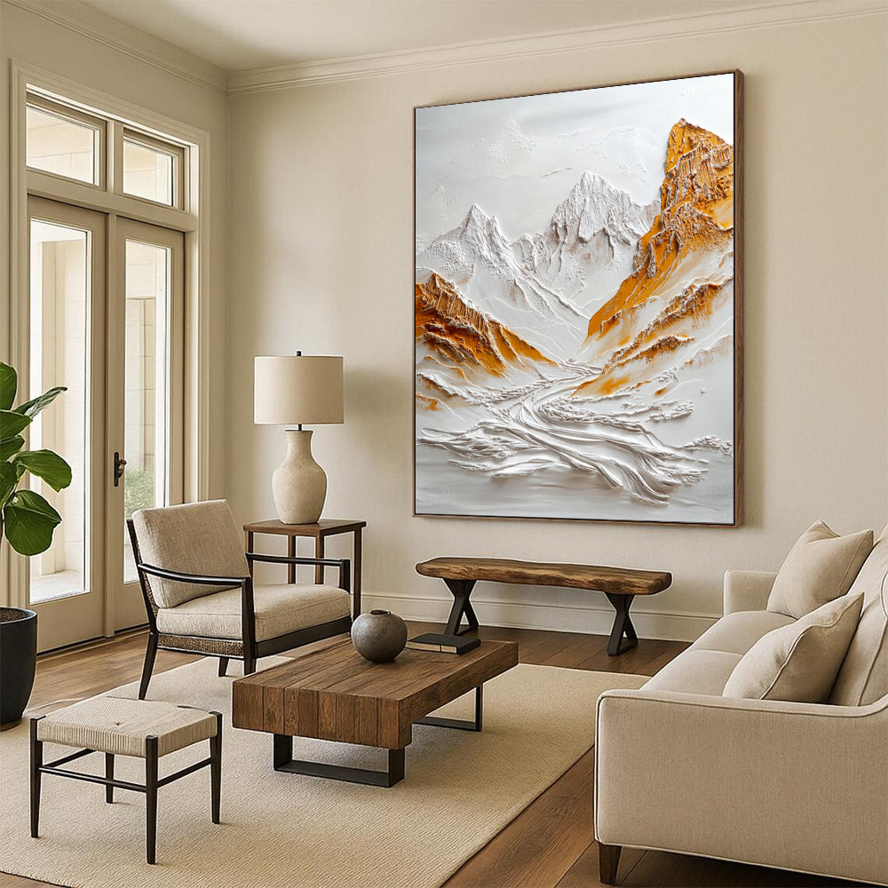 “White - Gold Textured Mountain Relief” - 3D Abstract Painting On Canvas PT2072